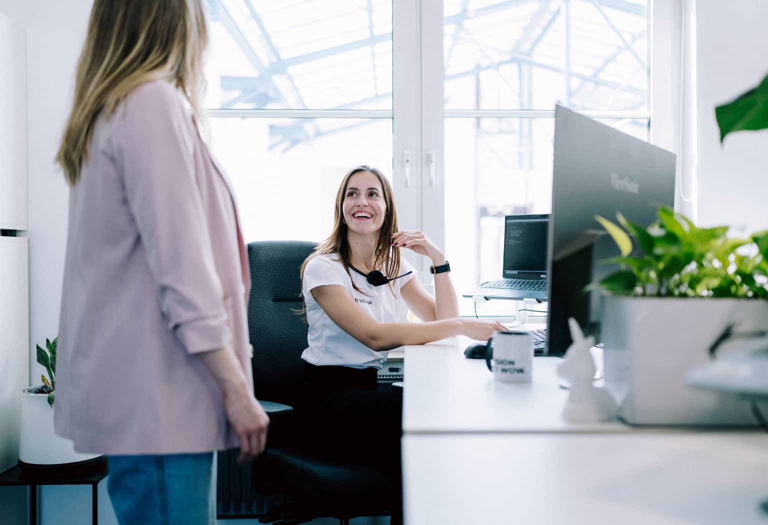 Internetagentur Zwei Frauen sitzen an einem Schreibtisch in einem Büro der Internetagentur.