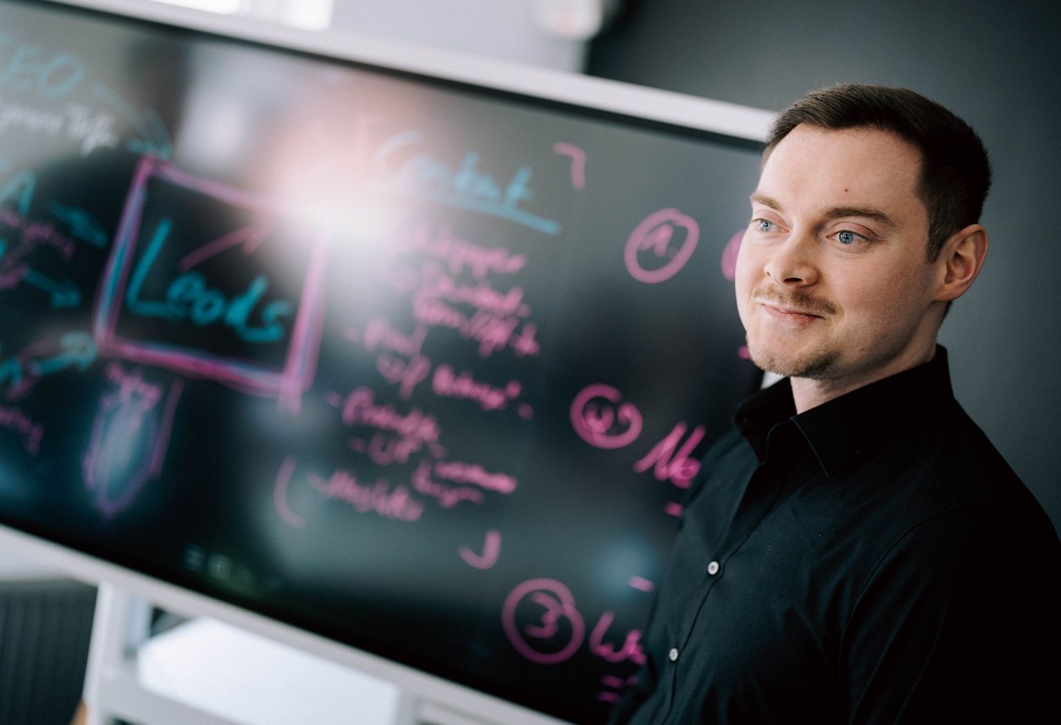 Online-Marketing-heildeber Ein Mann steht vor einem schwarzen Brett, das mit vielen Notizen und Zeichnungen beschrieben ist.